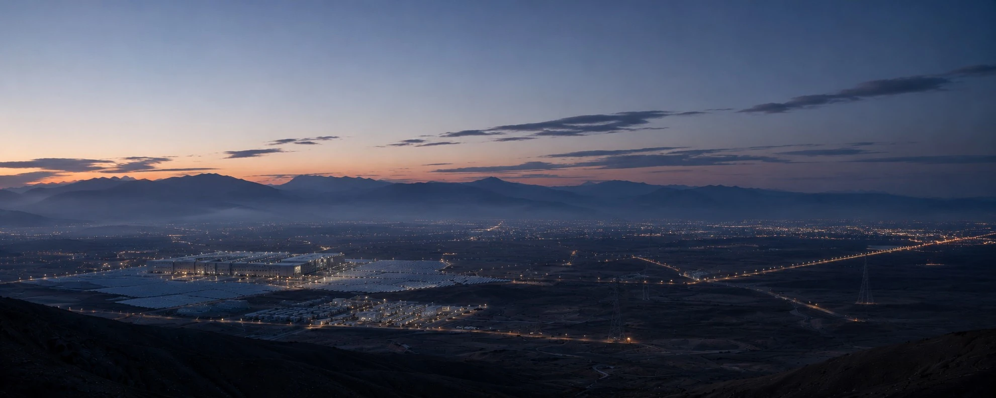 Energy infrastructure and a data center at dusk, from Peak Energy’s website